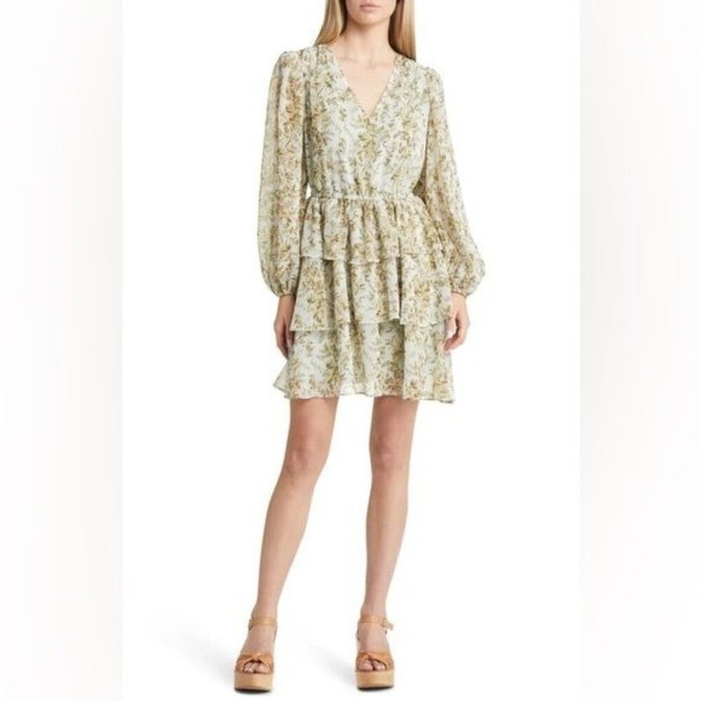 CHELSEA 28 FLORAL LONG SLEEVE TIERED MINI DRESS IN BLUE- OLIVE SCOTTS FLORAL